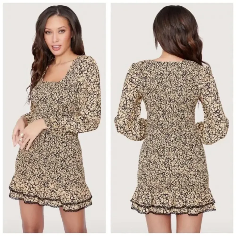 LOST + WANDER Pick Me Golden Hour Smocked Mini Dress Yellow Black {3M23} - Picture 2 of 7